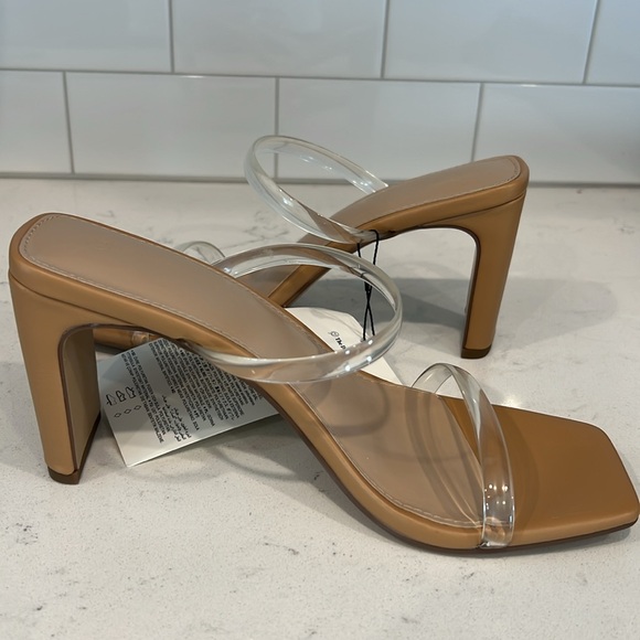 NWT - The Drop Avery Square Toe 2 Strap High Heeled Sandal - Tan / Clear - 7.5 - Picture 12 of 16